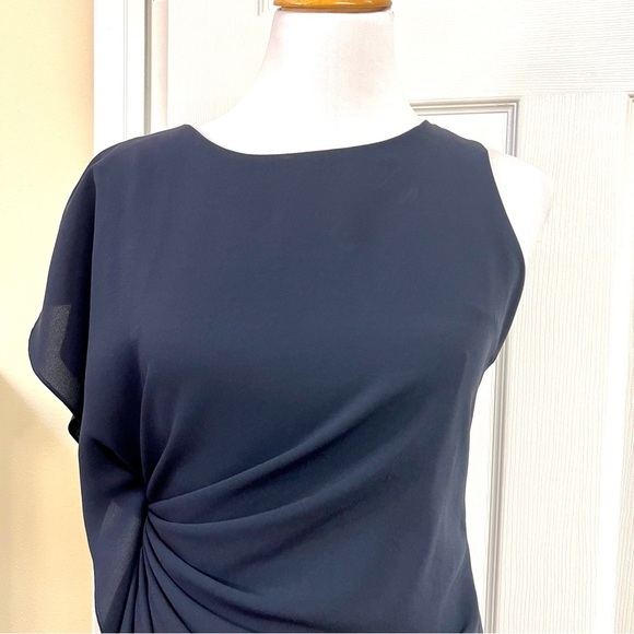 Authentic PRADA Silk Side ruched ruffle asymmetric mini navy dress womens size 4 - Picture 2 of 9